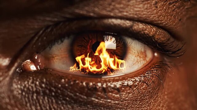 Close-up of human eye with intense fire reflection, symbolizing passion and emotion