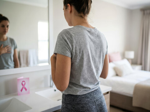 Cancer health concept care background woman doctor symbol breast self exam awareness at home mirror reflection prevention support hope Cancer check concept