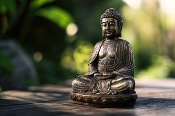 Bronze Buddha statue sits peacefully on a wooden table surrounded by lush greenery, symbolizing tranquility, meditation, and spiritual harmony in a serene outdoor setting
