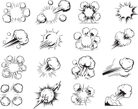 Line speed cartoon effect, boom explosive motion line element set. Comic boom burst, explosive smoke, line speed cartoon vector icon. Hand drawn sketch doodle action effect. Vector illustration