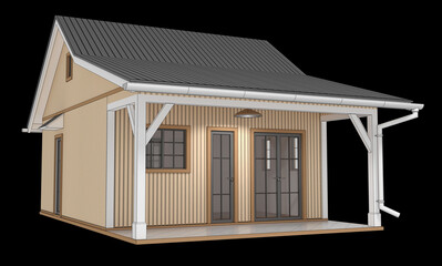 Light brown small cottage mockup drawing with porch, glass doors and grey roof. 3d illustration isolated on black