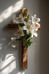 Wooden cross adorned with white lilies, casting soft shadows on a wall, symbolizing faith and purity, creating a serene and peaceful atmosphere in a spiritual setting