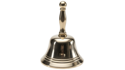Shiny brass hand bell with handle isolated on transparent background