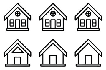 Fototapeta premium Collection of various house shapes in black and white outline, architectural line art icons for real estate marketing