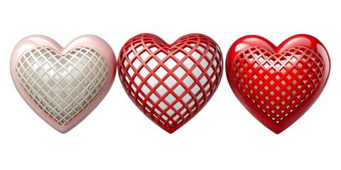 Three metallic hearts with lattice pattern on white background isolated on a transparent background