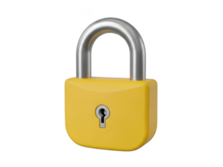 Bright yellow padlock with metal shackle isolated on transparent background