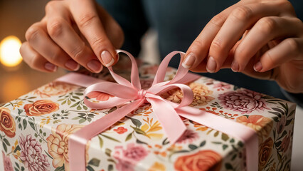 Hands carefully adjusting pale pink bow on floral gift package