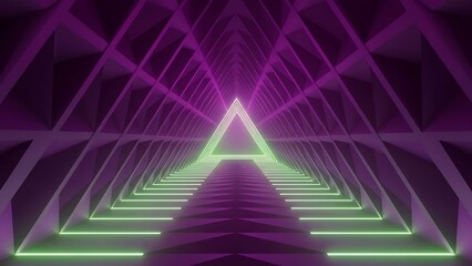 Neon green triangle tunnel with purple geometric walls