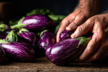 Hands of a farmer gently selecting fresh, ripe eggplants from a rustic wooden table, showcasing the vibrant colors and textures of the vegetables in a natural setting