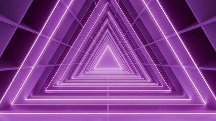 Purple neon triangle tunnel abstract geometric background