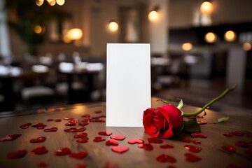red rose on table with heart shapes and white card  romantic setup
