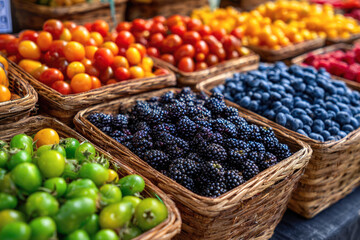 Colorful assortment of fresh fruits in woven baskets, featuring vibrant tomatoes, blueberries, blackberries, and green tomatoes, creating a lively market display of natural produce