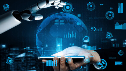 A human hand and robotic arm engage over a digital globe, showcasing advanced technology and data connectivity in a modern, futuristic environment. Xenic