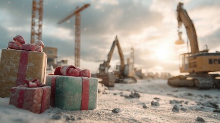 Gift boxes on snowy construction site at sunset