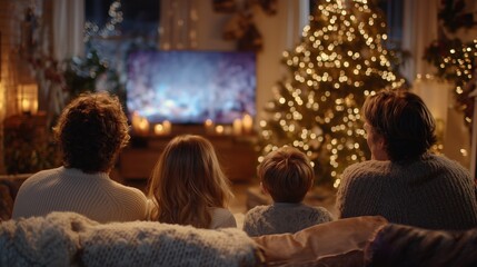Family watching TV near a Christmas tree