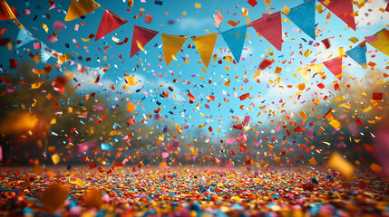 Carnival celebration scene with colorful flags, streamers, confetti, and open space for announcements or event branding
