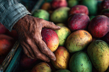 Close-up of a weathered hand selecting ripe mangoes from a vibrant market display, showcasing the rich colors and textures of fresh tropical fruit