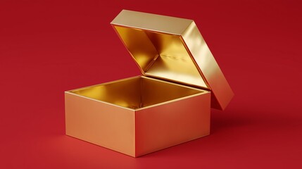 A premium shiny gold square gift box with an open lid isolated against a solid red backdrop