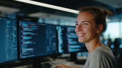 Smiling female developer working with multiple monitors