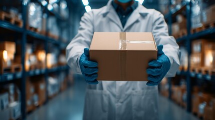 Laboratory worker holding sealed cardboard package