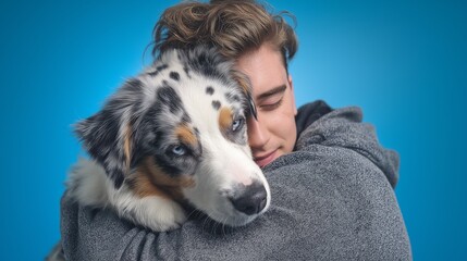 A close-up portrait of a smiling young man with his eyes closed, affectionately embracing a marbled Australian Shepherd with one blue eye against a solid blue background
