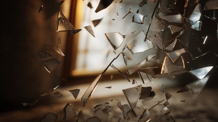 Sharp shards of glass flying in the air