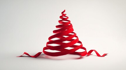 A creative holiday concept featuring a single red ribbon coiled into the shape of a Christmas tree