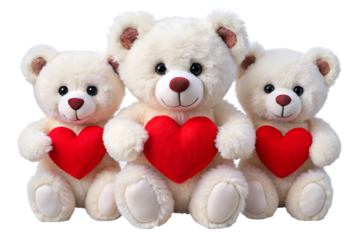 Three white teddy bears holding red hearts on white isolated on a transparent background cute adorable