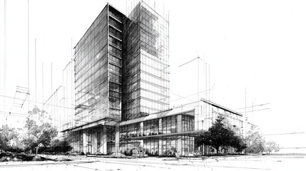 Modern office building architectural sketch drawing