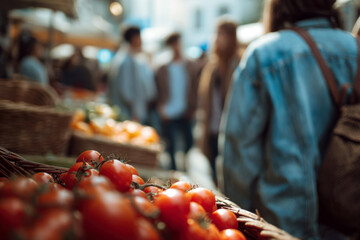 Fresh red tomatoes in woven basket at vibrant outdoor market with blurred shoppers in background, showcasing seasonal produce and lively atmosphere of community gathering