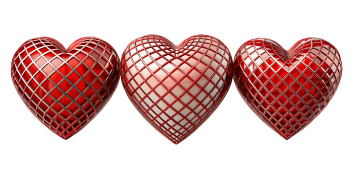 Three red hearts with diamond pattern on white background isolated on a transparent background - Powered by Adobe