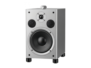 A high-quality, silver-finished bookshelf speaker with multiple drivers for enhanced audio performance isolated on transparent background