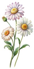 Watercolor painted chamomile flowers with buds and leaves on white background