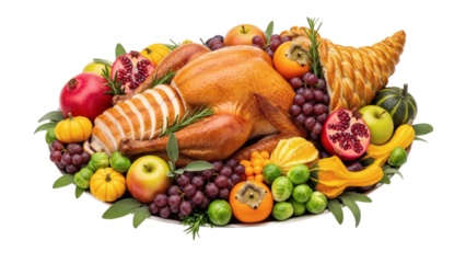 Roasted turkey with fruits and vegetables on a platter isolated on transparent background