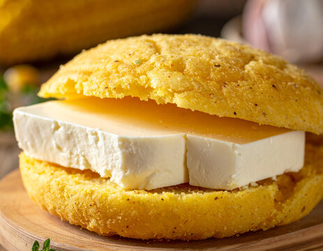 A golden corn cachapa is folded over a thick slice of white handmade queso de mano cheese.