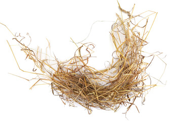 Straw pile isolated on white background. Dry straw used for animal bedding, garden mulch. © vaitekune