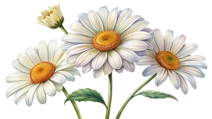 Elegant watercolor painting of daisies with white petals and vibrant yellow centers