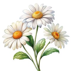 Elegant watercolor painting of three daisy flowers with green leaves on white