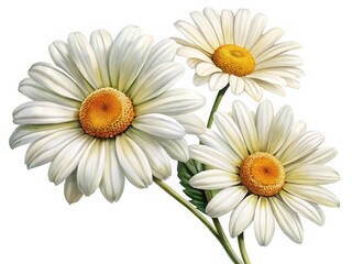 Elegant composition of three white daisies with yellow centers on a white background
