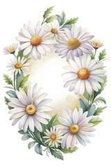 Watercolor Daisy Frame, Gentle Floral Circle with Fresh White Petals and Leaves