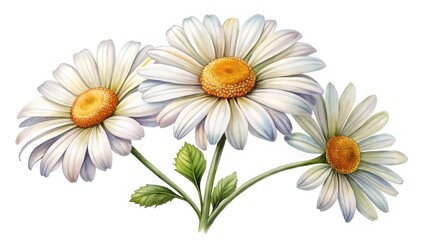 Watercolor Painting of Three White Daisies with Yellow Centers and Green Leaves