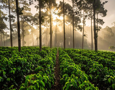 Rows of coffee plants grow under the shade of tall trees in the misty mountains of Bocono region.