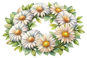Watercolor Daisy Wreath with Green Leaves and White Background in High Resolution