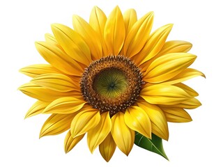 A vibrant, detailed sunflower head with golden yellow petals and a brown center