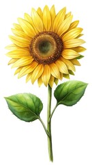 Beautiful watercolor painting of a sunflower with vibrant yellow petals and green leaves