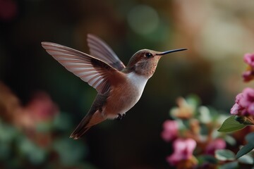 Fototapeta premium Colorful hummingbird hovering close to pink flowers in lush garden