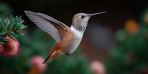 Fototapeta premium Rufous hummingbird hovering near flowering plant in vibrant garden