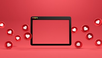 social media interface with heart symbols and blank screen for mockup