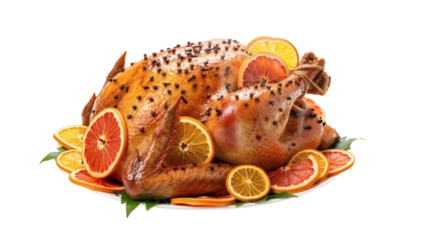 Roasted turkey with cloves and oranges on a white plate isolated on transparent background