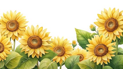 Elegant Watercolor Sunflowers with Green Leaves for Artistic Floral Compositions